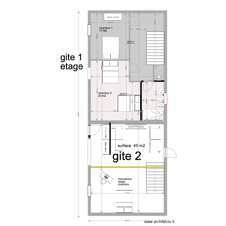 GITE 1 ET 2 etage . Plan de 3 pièces et 100 m2