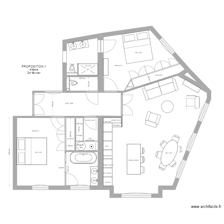 PROPOSITION CUISINE OUVERTE 1. Plan de 12 pièces et 95 m2