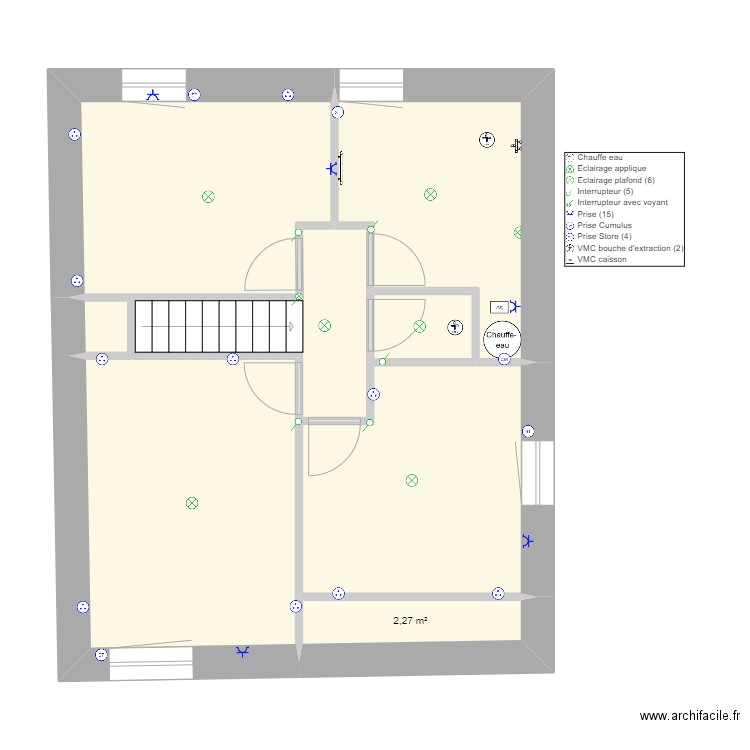 Implantation électrique  M1 Etage. Plan de 7 pièces et 54 m2