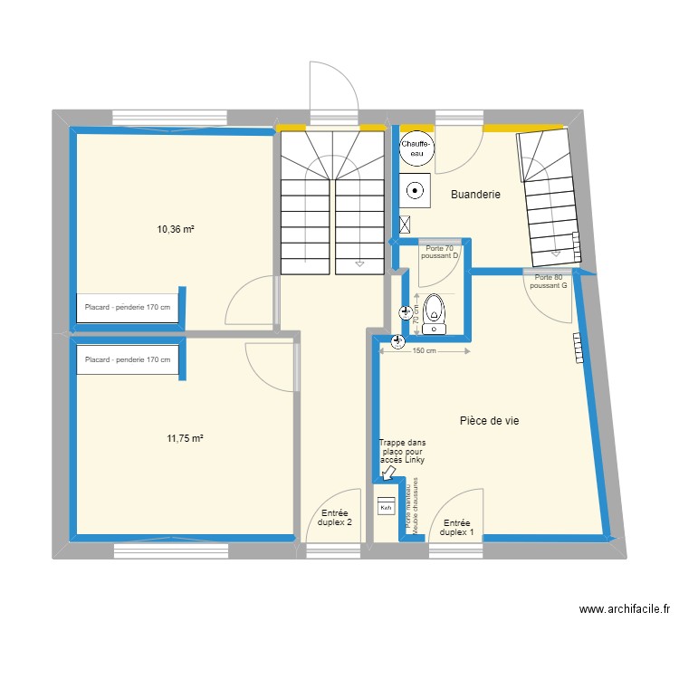 Plan duplex rez de chaussée placo. Plan de 8 pièces et 53 m2