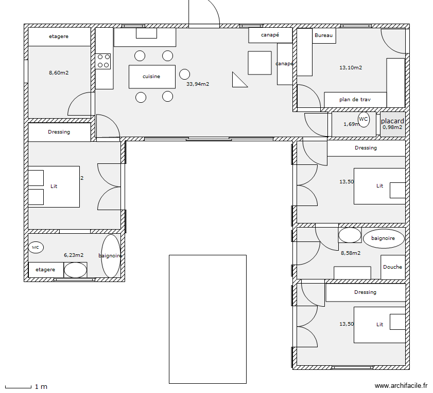 Sans couloir. Plan de 10 pièces et 114 m2