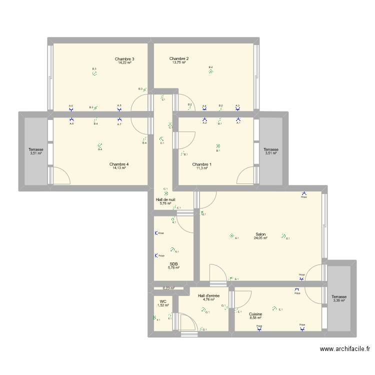 Appartement Le Prévot. Plan de 14 pièces et 115 m2