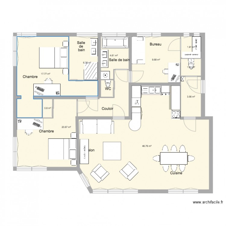 Appartement Cuisine américaine 2 Grandes chambre et Bureau plan 3. Plan de 0 pièce et 0 m2