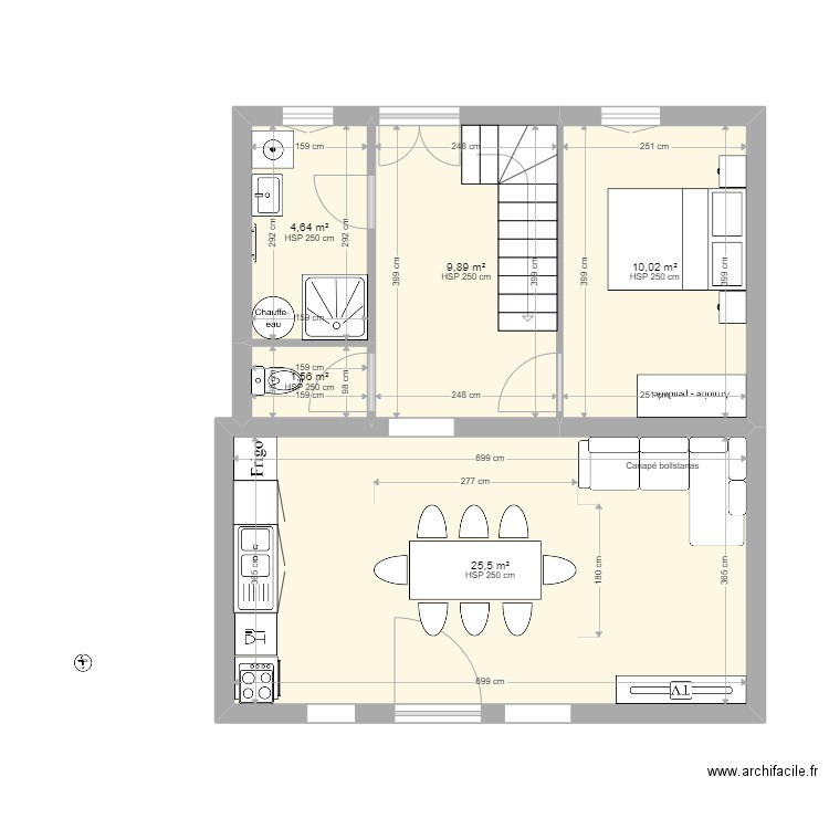 Aménagement  M2  RdC. Plan de 5 pièces et 52 m2