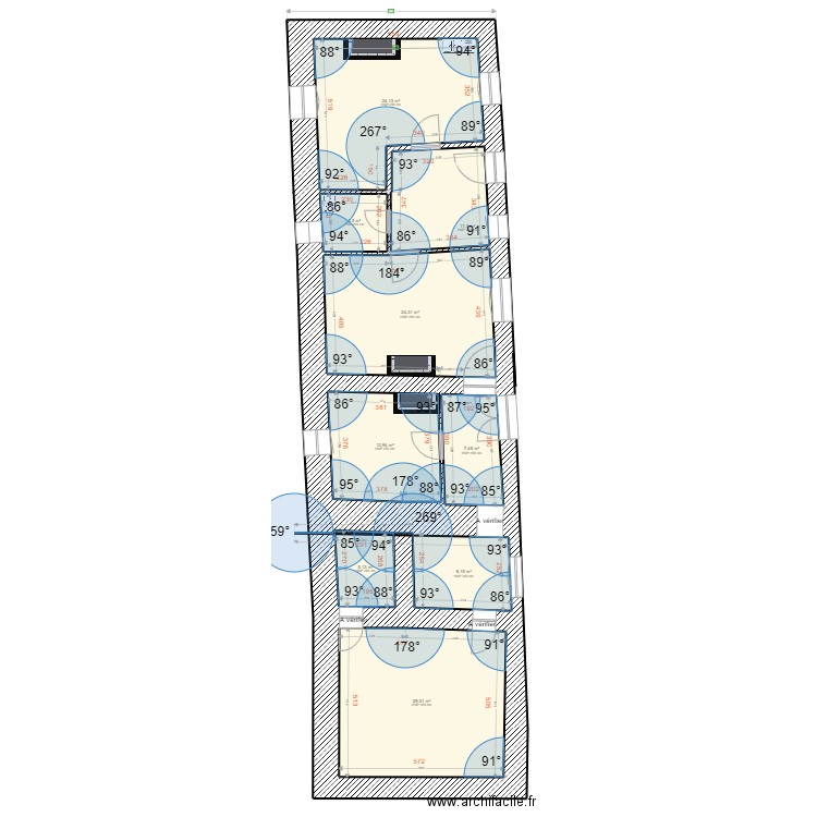 Chamaillard Existant Cible avec ouvertures et sanitaire Epaisseur mur vérifiée 20220307. Plan de 9 pièces et 128 m2