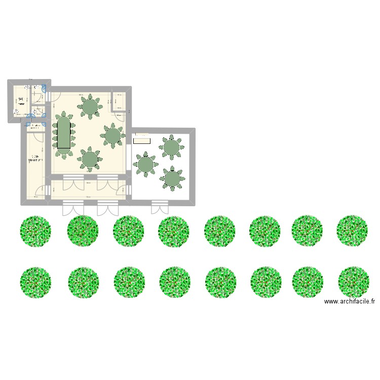 Château du Prieuré - le Grand Salon table de 8+14. Plan de 5 pièces et 93 m2