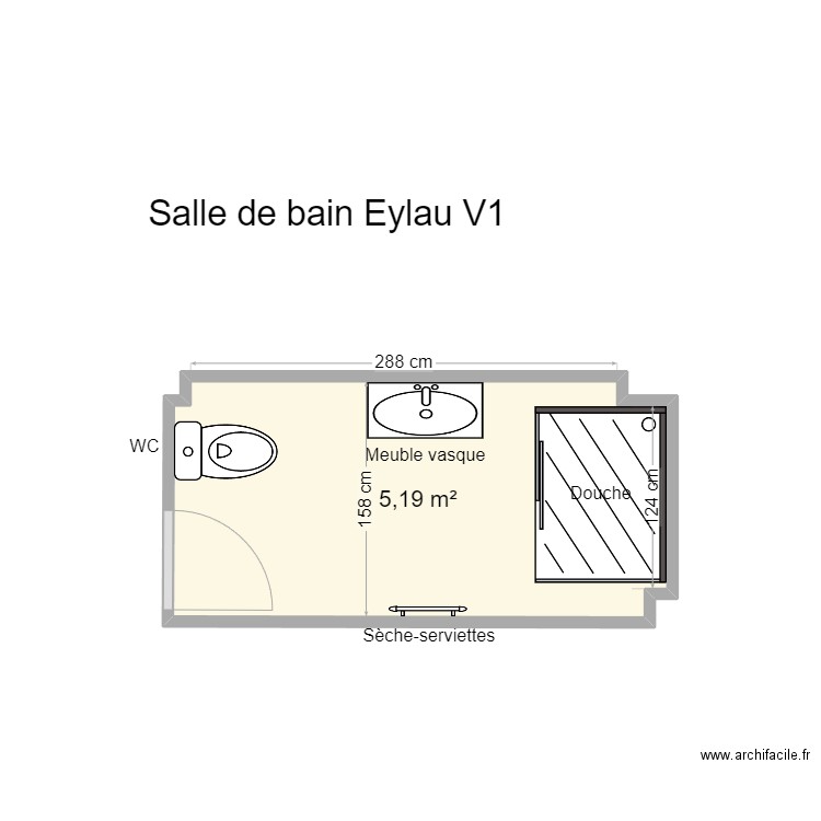 Salle de bain Eylau V1. Plan de 1 pièce et 5 m2