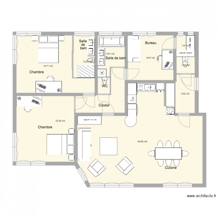 Appartement Cuisine américaine 2 Grandes chambre et Bureau plan 2. Plan de 0 pièce et 0 m2