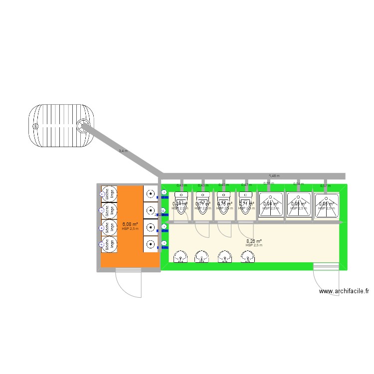 LOCAL DOUCHE SB. Plan de 9 pièces et 20 m2
