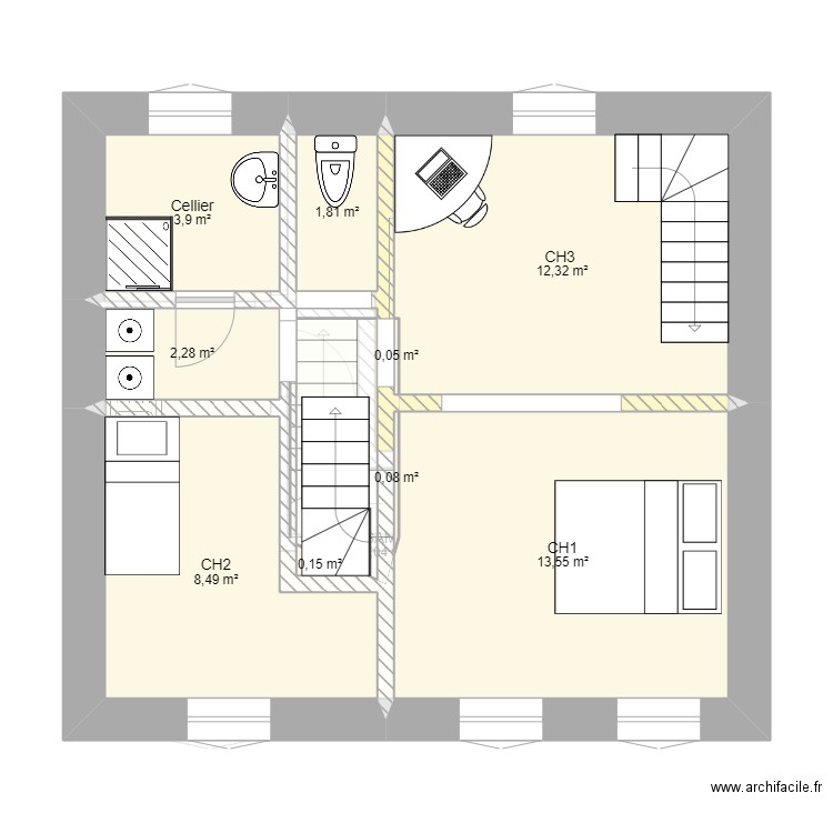 maison de bourg. Plan de 13 pièces et 89 m2