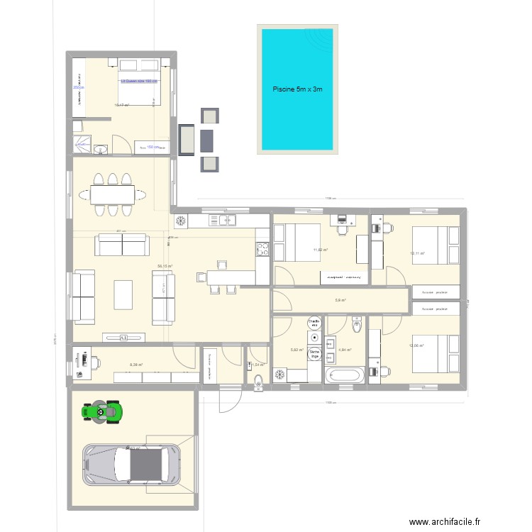 Maison en T plain pied_135m2. Plan de 11 pièces et 160 m2