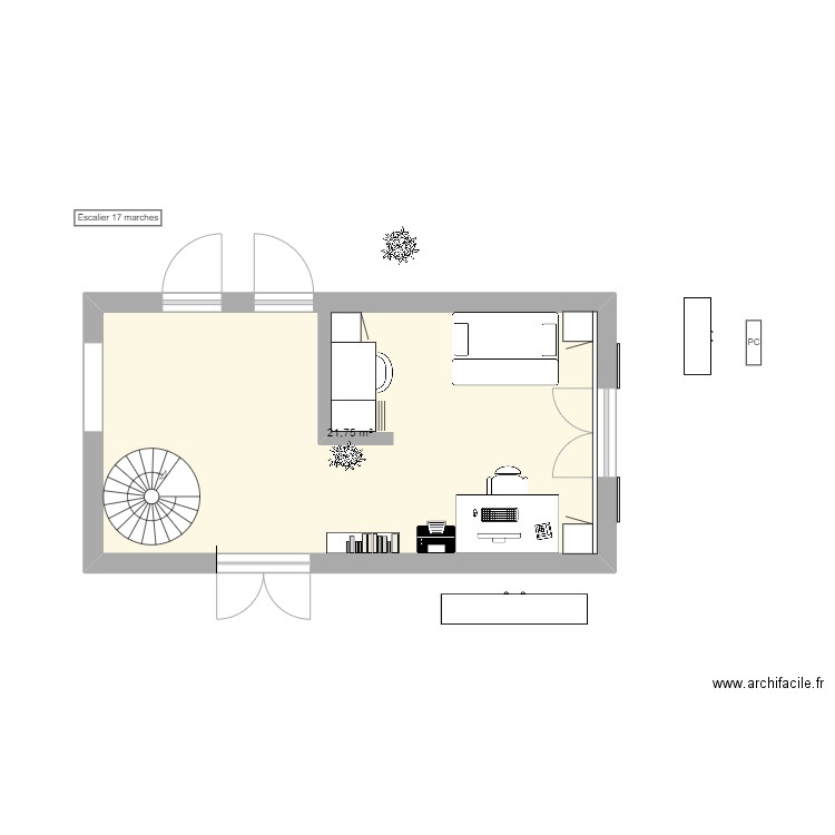 Bureau maison. Plan de 1 pièce et 22 m2