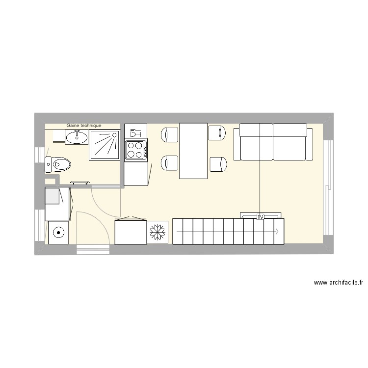 La LISCIA 2 avec sdb. Plan de 1 pièce et 21 m2