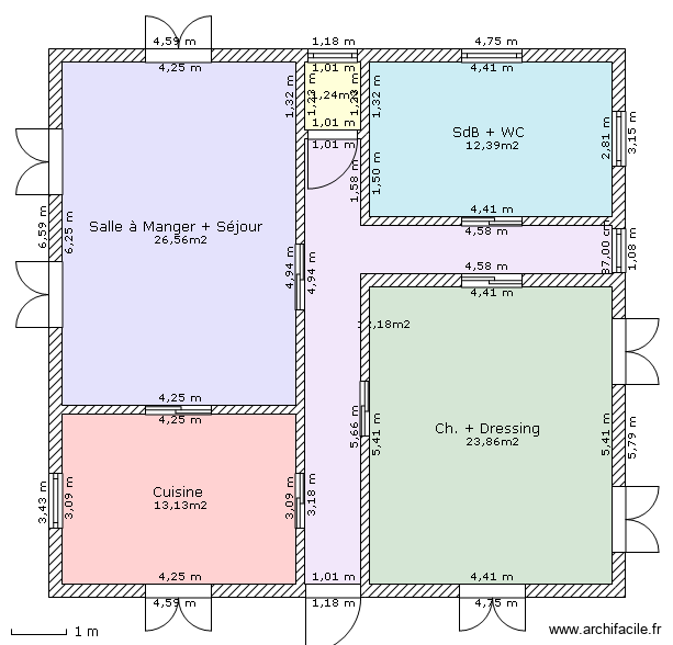 Rez de Ch.. Plan de 6 pièces et 89 m2