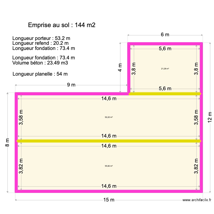 Plan fondation exemple. Plan de 3 pièces et 129 m2