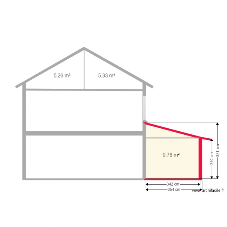 Plan en coupe Profil nord maison seule V2 simulation pente toit 15 degrés. Plan de 0 pièce et 0 m2