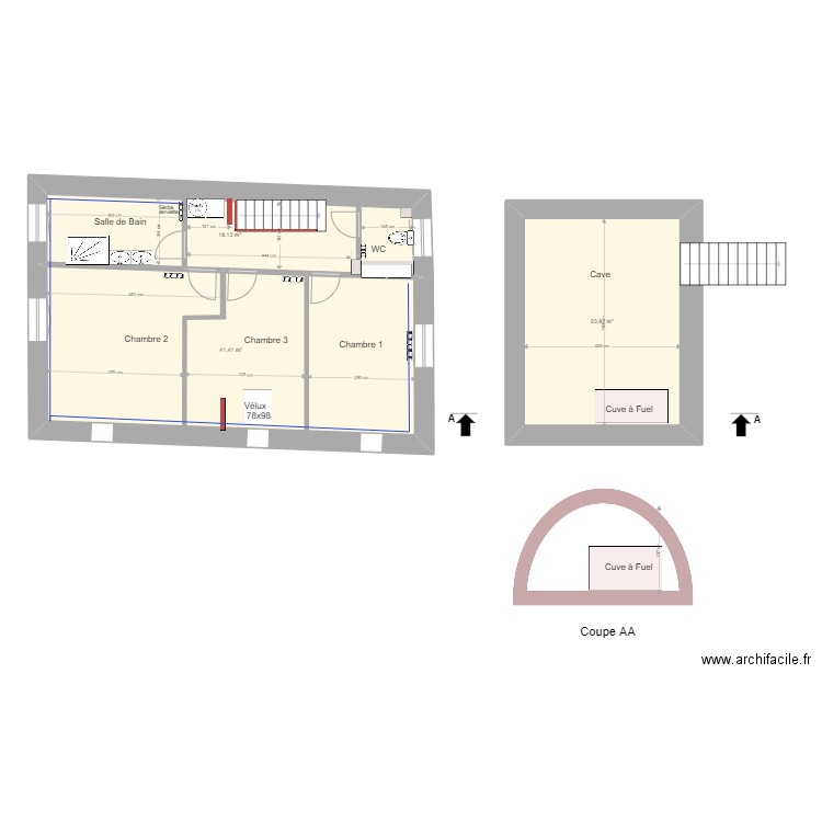 Bourron3 Etage presbytère 3eme chambre version 2. Plan de 3 pièces et 83 m2
