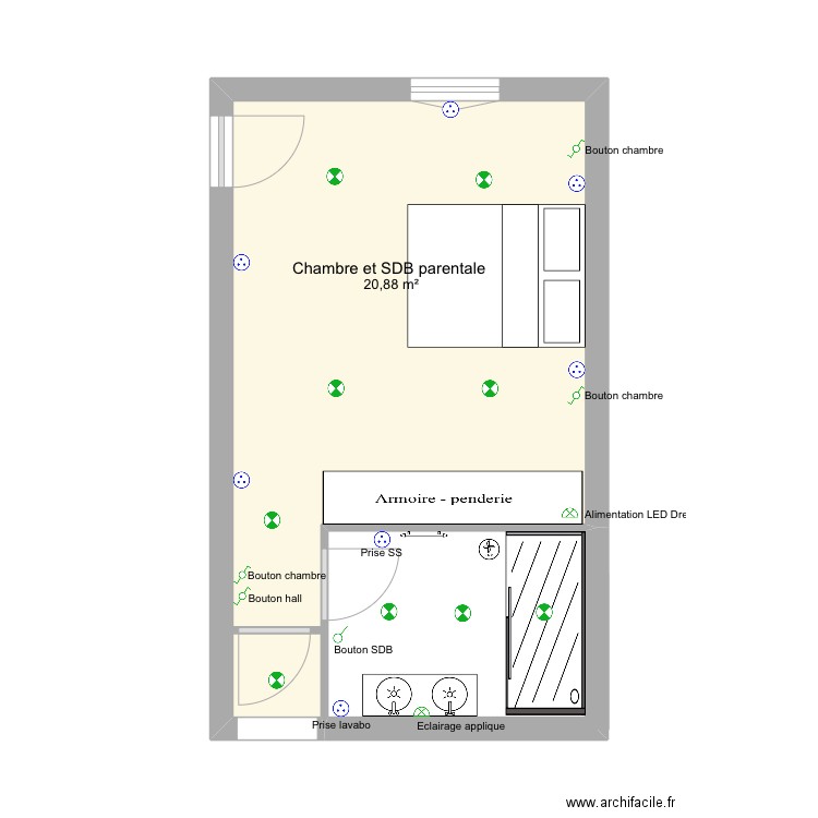 Chambre et SDB parentale . Plan de 1 pièce et 21 m2