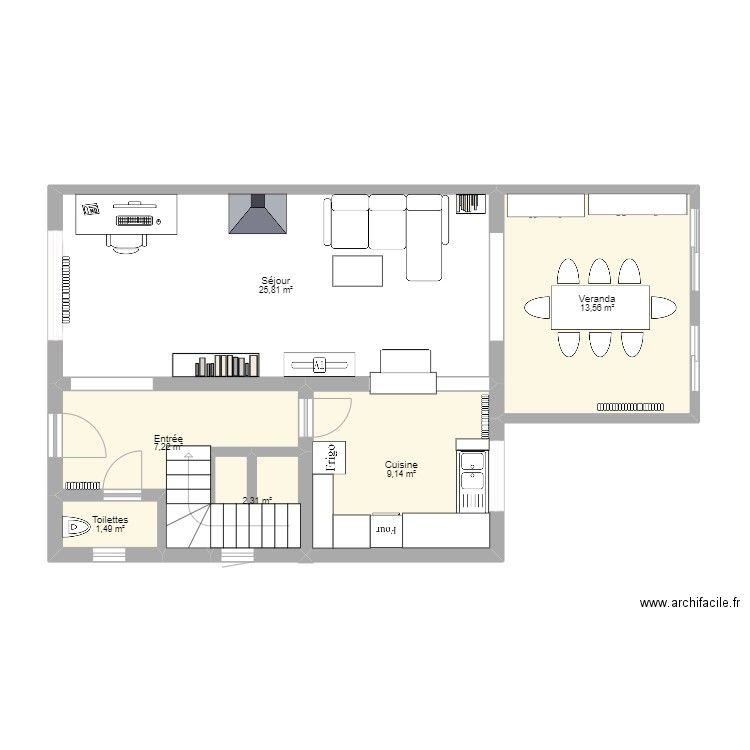 RDC Maison. Plan de 6 pièces et 60 m2