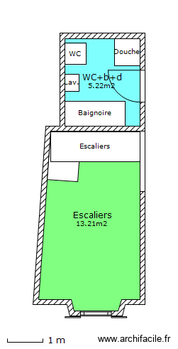 WC-Escaliers. Plan de 2 pièces et 18 m2