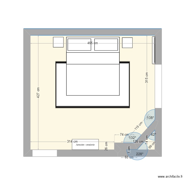 Chambre Veaugues. Plan de 2 pièces et 19 m2