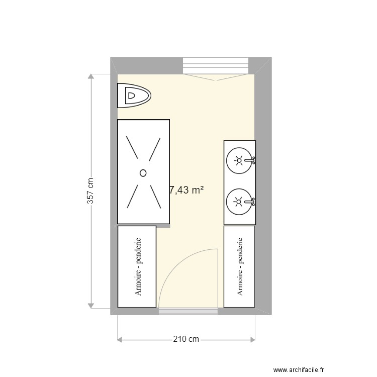 Salle de bain 210 x 360 V2. Plan de 1 pièce et 7 m2