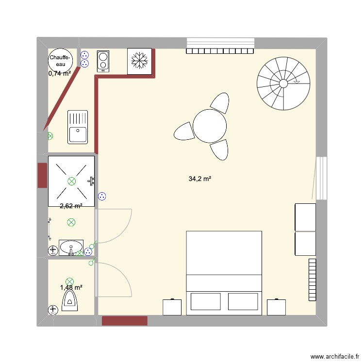 atelier - Studio. Plan de 4 pièces et 39 m2