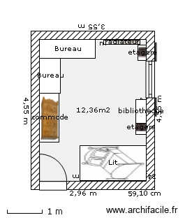 chambre didi. Plan de 1 pièce et 12 m2