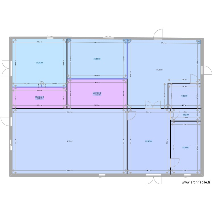 RDC Combles (Violet). Plan de 10 pièces et 210 m2