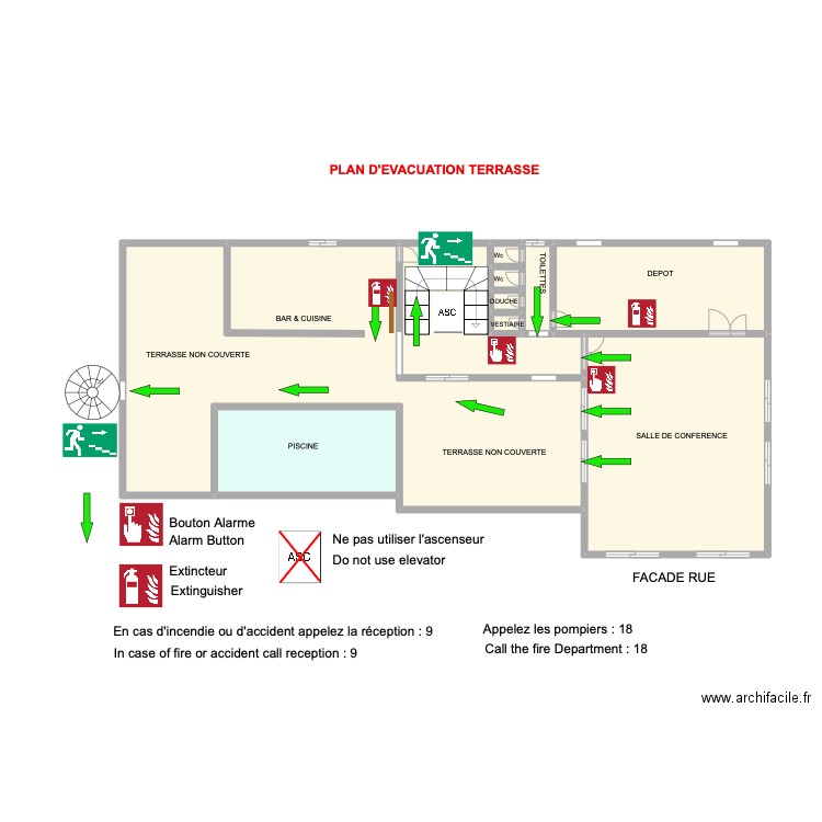 Plan évacuation général Terrasse. Plan de 9 pièces et 55 m2