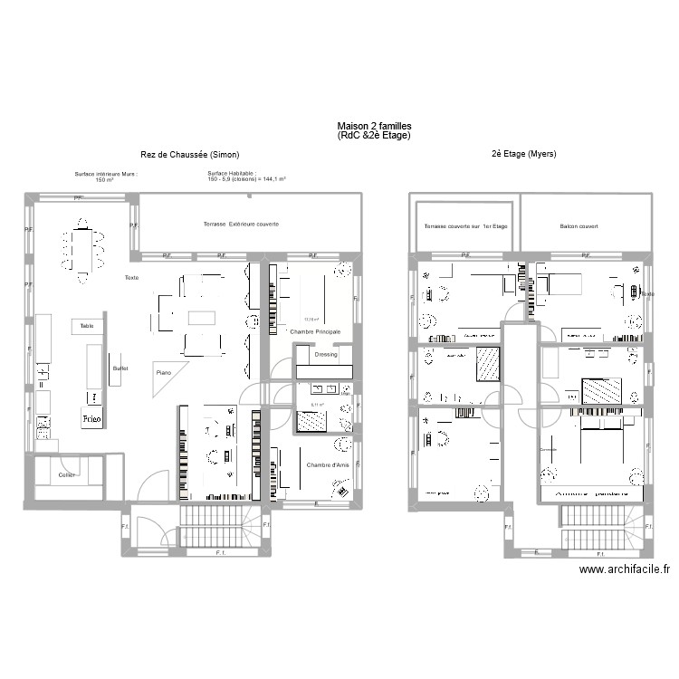Maison 2 familles Myers-Simon. Plan de 2 pièces et 23 m2