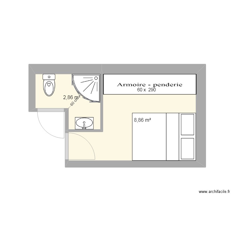 Salle de bains et Chambre Aménagement 2. Plan de 2 pièces et 12 m2