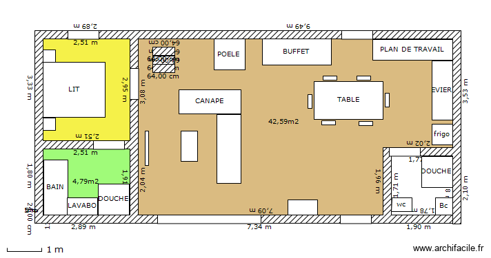 maison en bois n°1 rez de chaussée. Plan de 3 pièces et 55 m2