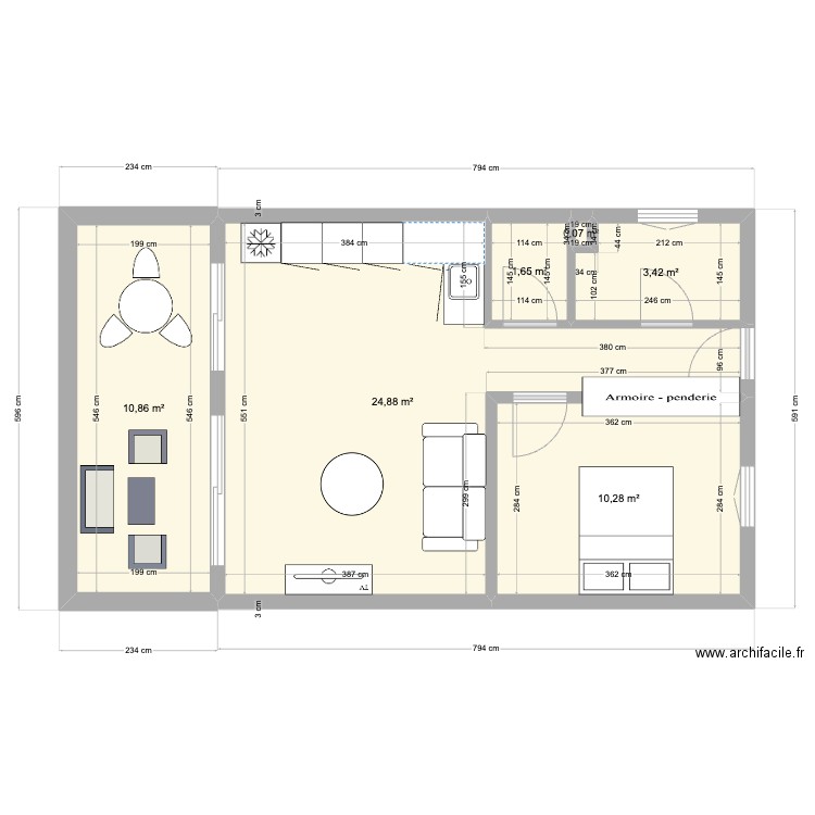 salon / cuisine DUPLEX - ANTIBES. Plan de 6 pièces et 51 m2