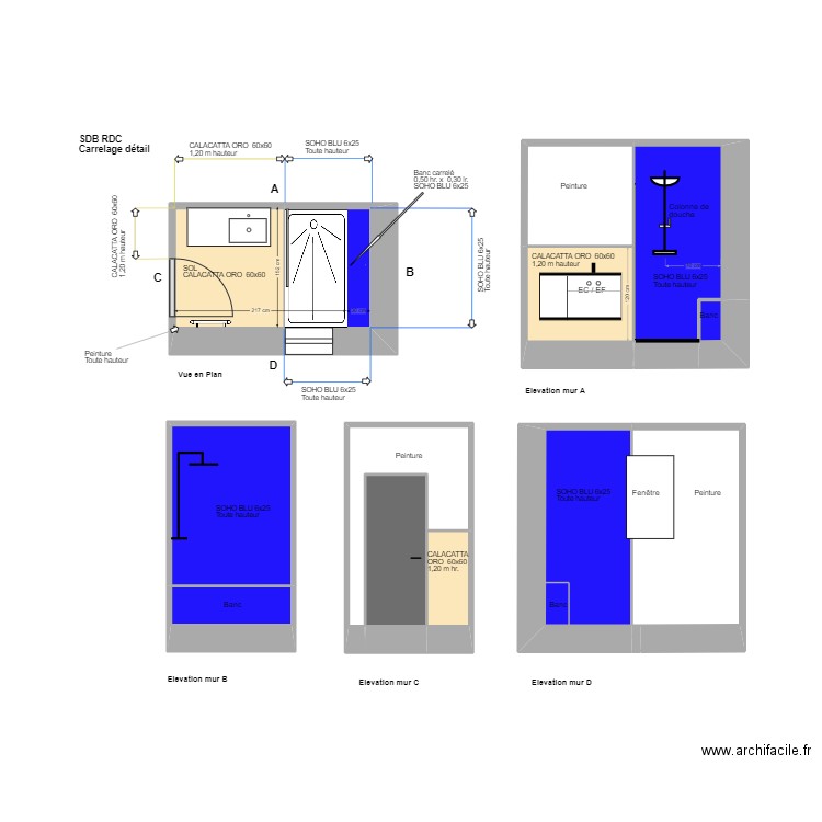 SDB 1 Mittainville + élévations Carrelage détail 2. Plan de 13 pièces et 23 m2
