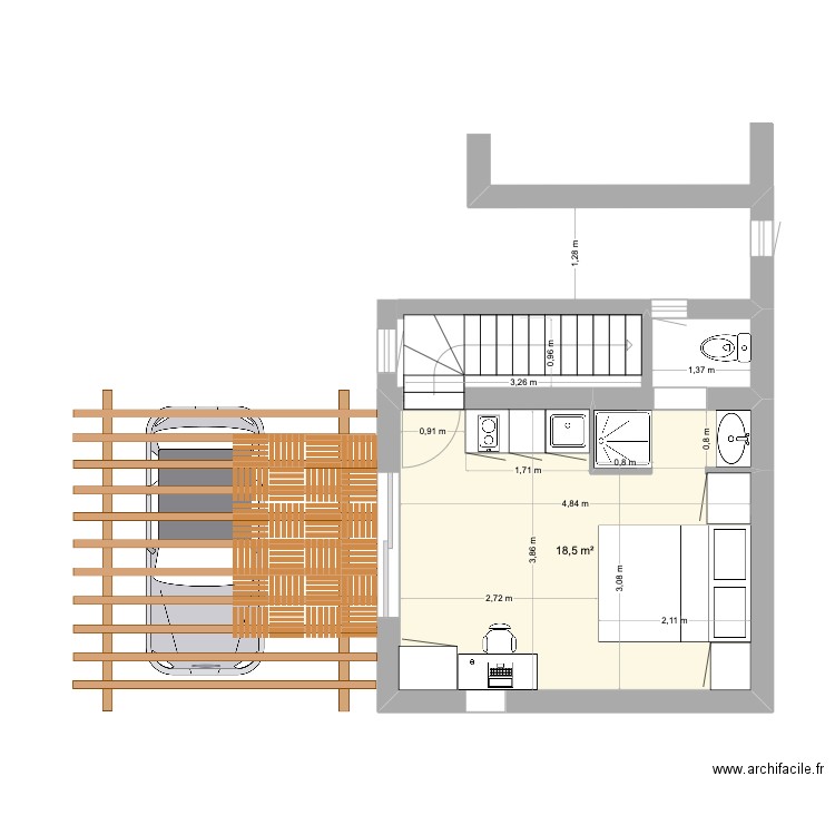 REHAUSSE CHBRE. Plan de 1 pièce et 19 m2