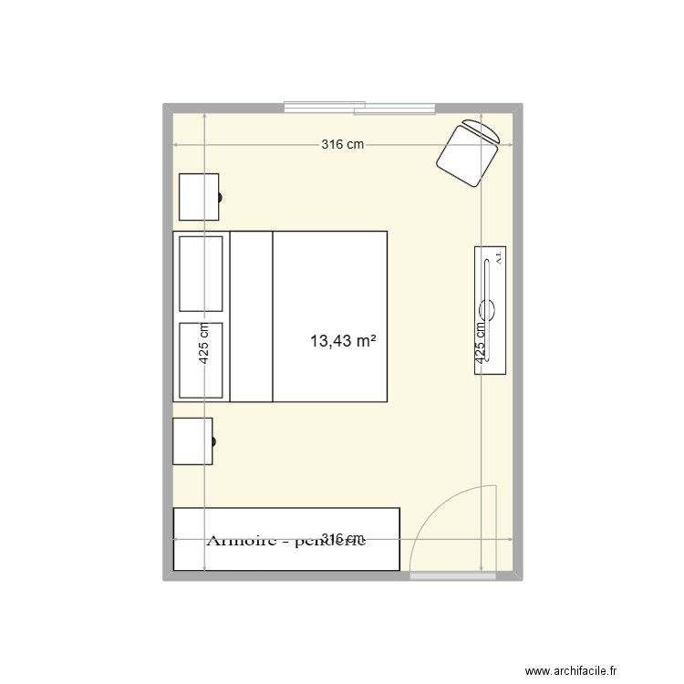 chambre 1BIS. Plan de 1 pièce et 13 m2