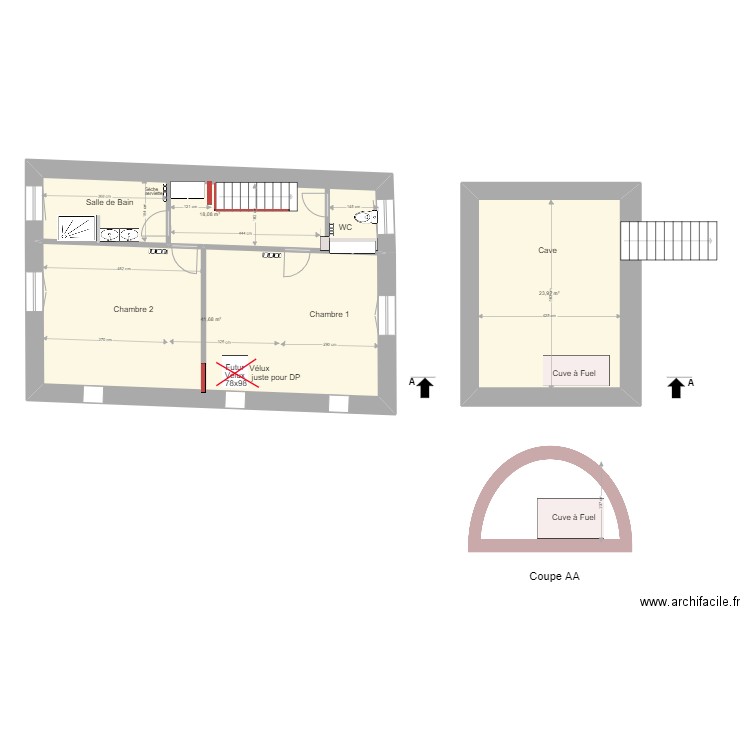 Bourron Etage presbytère 2 chambres version 2. Plan de 3 pièces et 84 m2