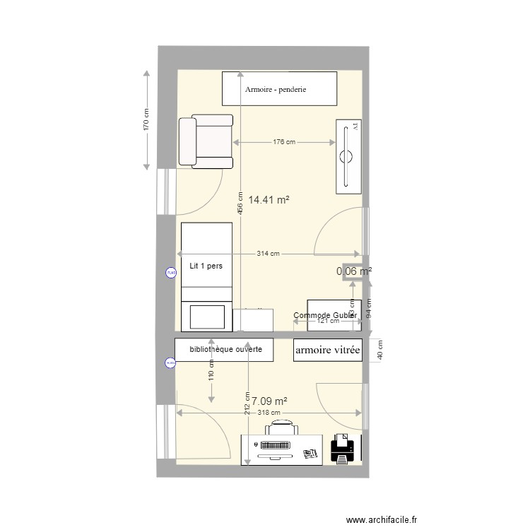 Colmar Attique chambre Yves3. Plan de 3 pièces et 22 m2