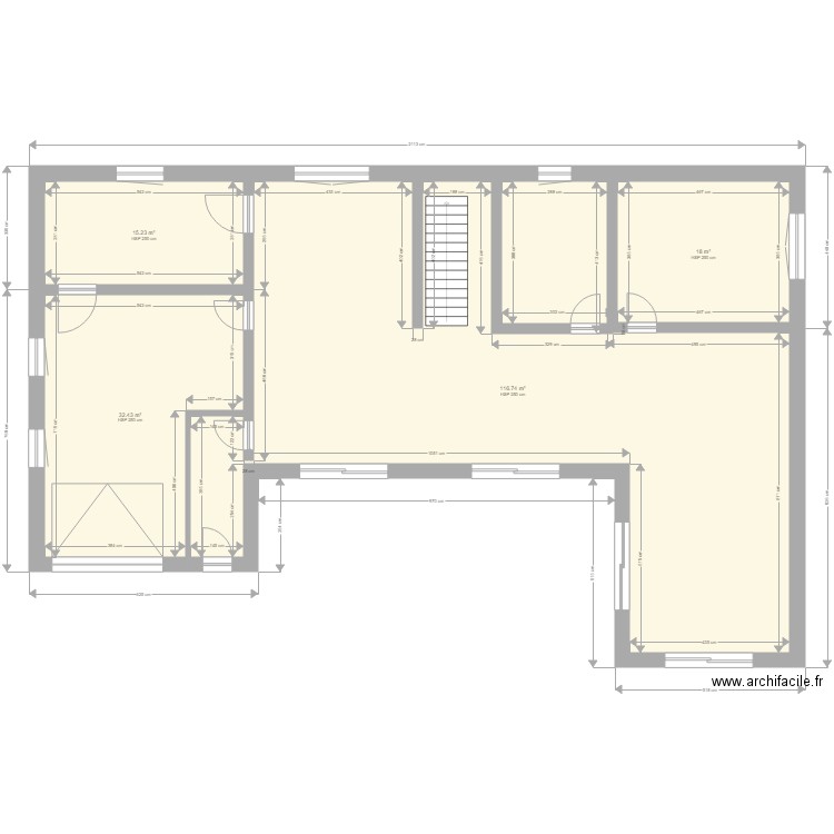 Plan projet chalet des Sables RDC facade Sud corrigé. Plan de 4 pièces et 182 m2