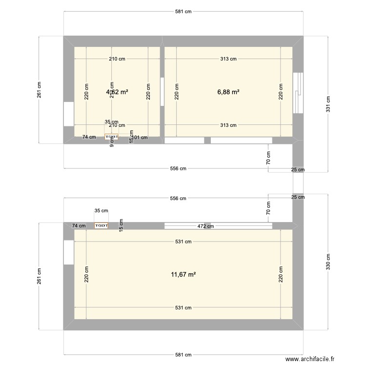 CUISINE + CELLIER gendre. Plan de 3 pièces et 23 m2