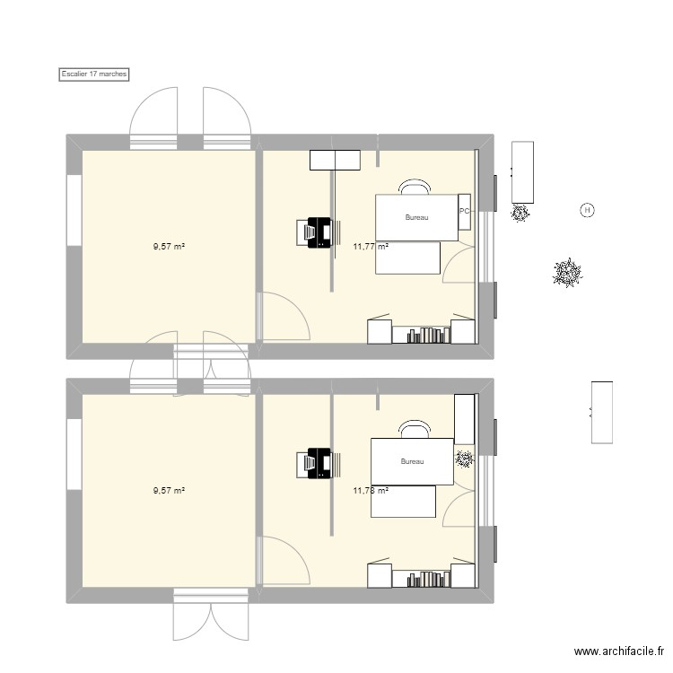 Bureau maison 231011. Plan de 4 pièces et 43 m2