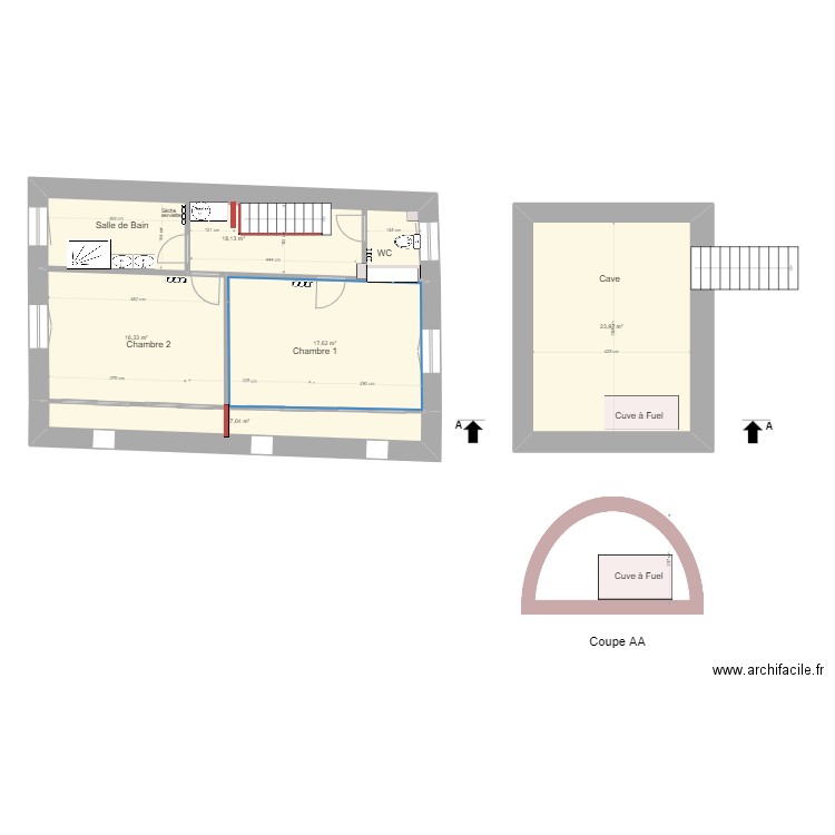 Bourron Etage presbytère 2 chambres version 3. Plan de 5 pièces et 83 m2