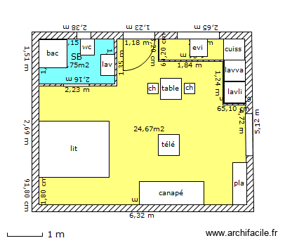 studio 3. Plan de 2 pièces et 27 m2