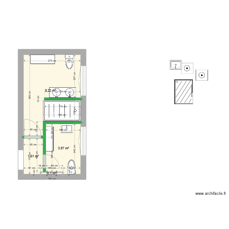 SDB 3. Plan de 4 pièces et 15 m2