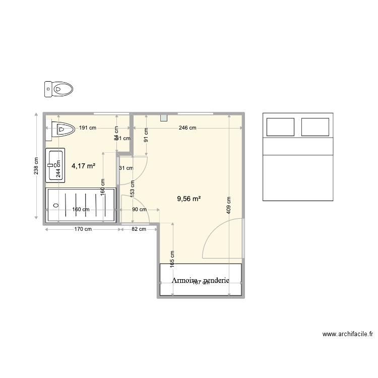 SDB 2 Maison Sebourg. Plan de 2 pièces et 14 m2