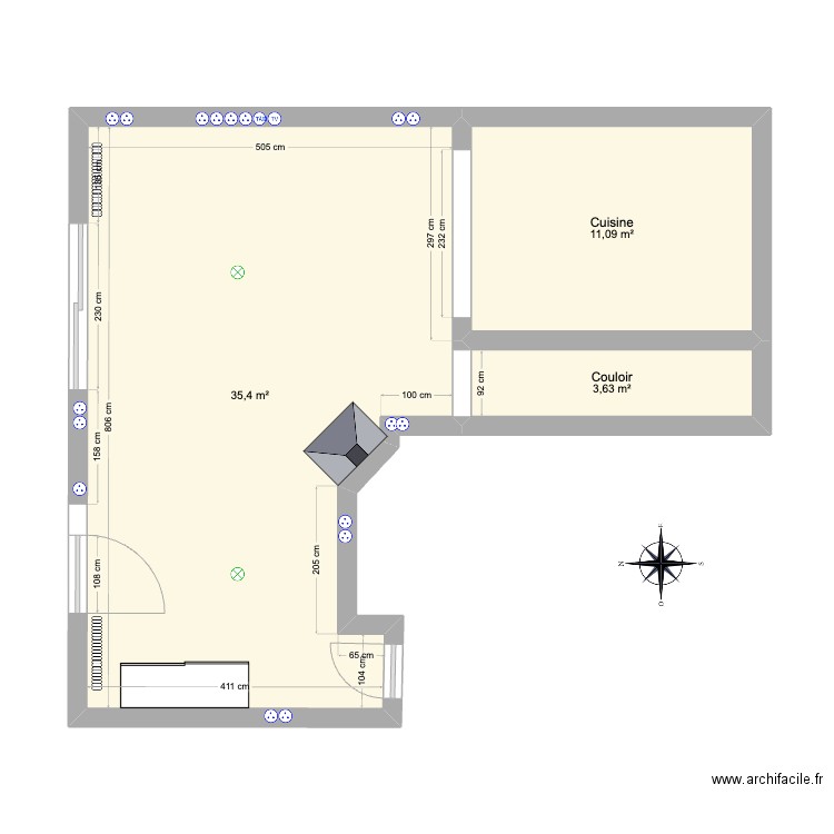 salon/salle à manger/entrée. Plan de 3 pièces et 50 m2
