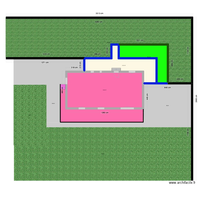 Plan actuel avec passage et agrandissement. Plan de 3 pièces et 141 m2