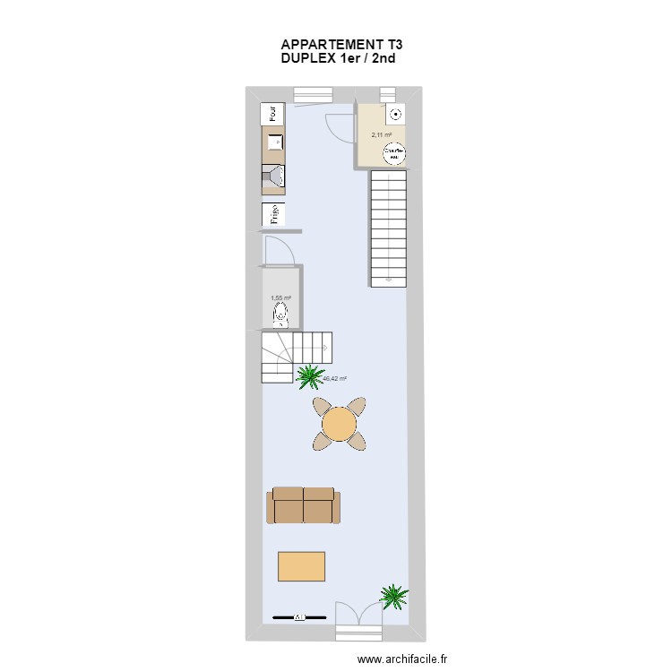 appart Duplex T3 ETAGE 1. Plan de 3 pièces et 50 m2