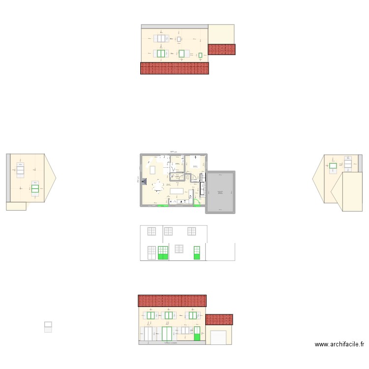 PCMI 5 - Plan des façades et des toitures. Plan de 14 pièces et 167 m2